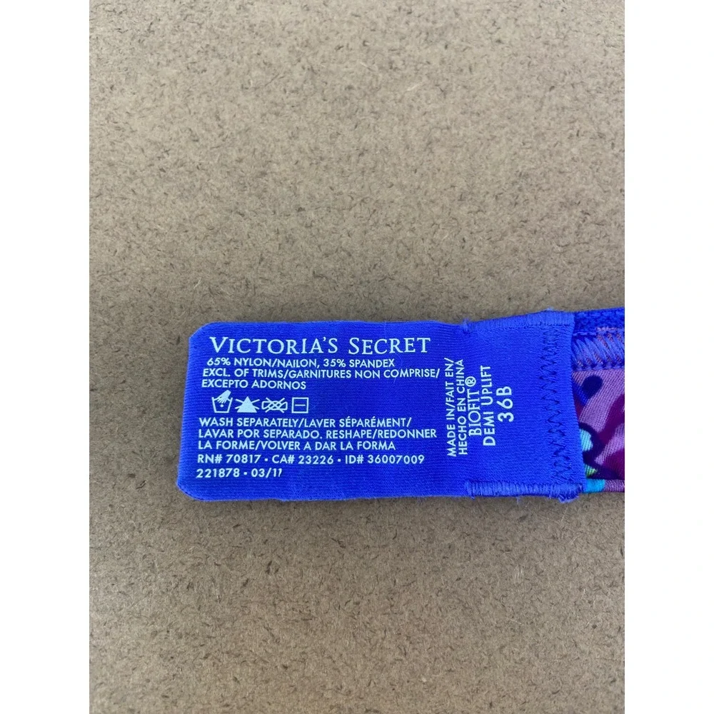 Victorias Secret Biofit Demi Uplift Bra 36B Blue Purple Floral Rhinestone 221878